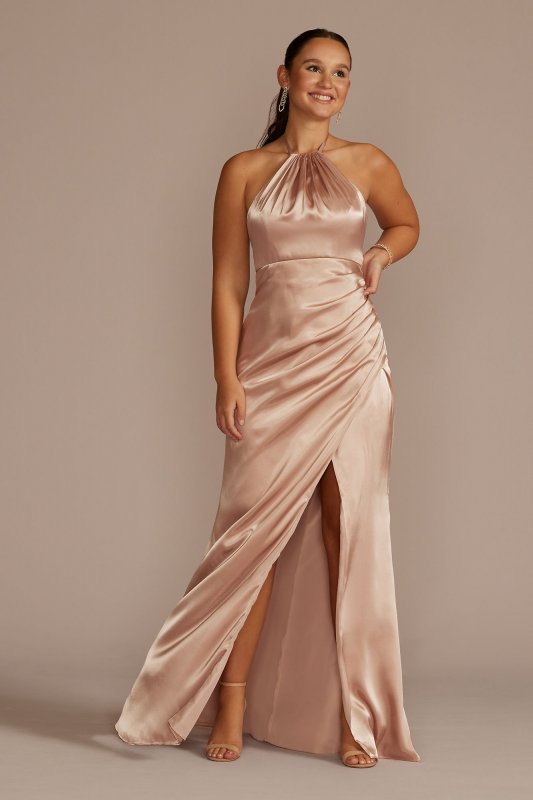 Long STYLE# GS290121 Front Slit Tie-Neck Charmeuse Halter Bridesmaid Dress