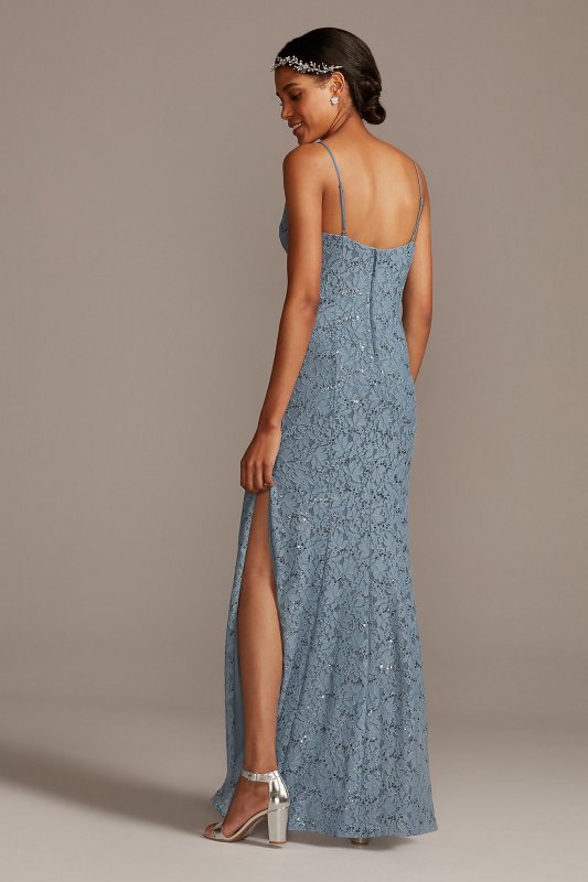 Skinny Strap Sequin Lace Stretch Dress with Slit DS270072