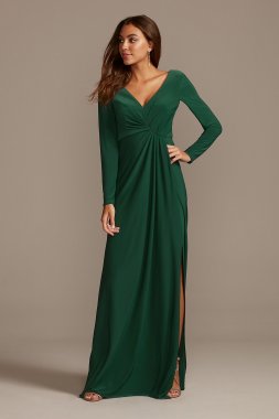 Long Sleeve Jersey V-Neck Dress with Slit DS270090