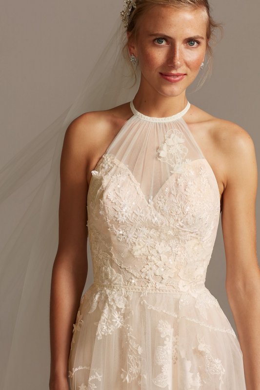 Shirred Halter Embroidered Poem Wedding Dress MS251203