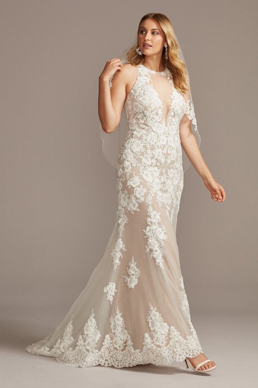 Illusion Sequin Floral Applique Wedding Dress SWG843