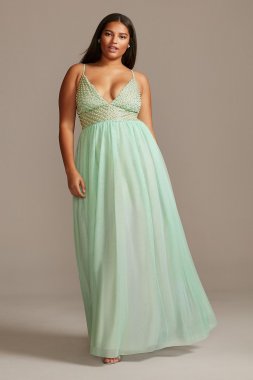 Bead and Pearl Embellished Chiffon Plunge Gown X43793DTS6