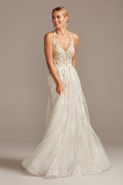 Floral Applique Open Back Tulle Tall Wedding Dress 4XLSWG841