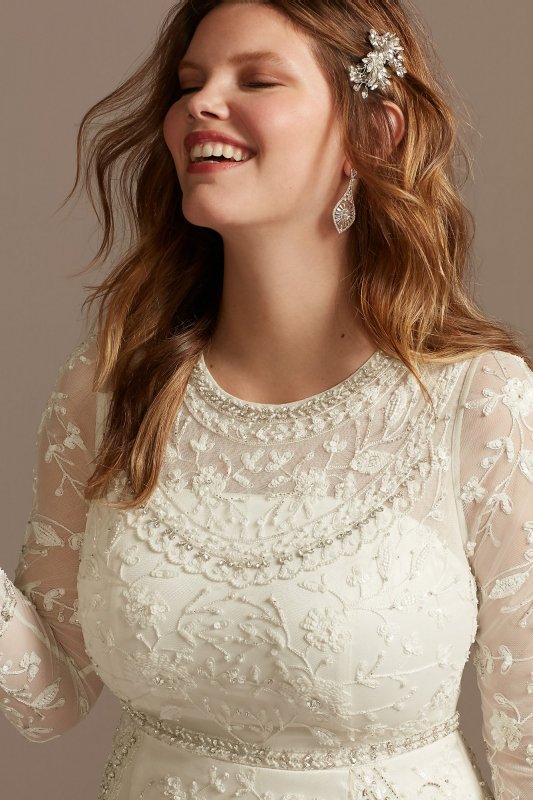 Illusion Long Sleeve Bead Plus Size Wedding Dress 8MS251222