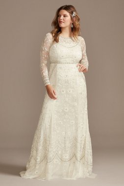 Illusion Long Sleeve Bead Plus Size Wedding Dress 8MS251222
