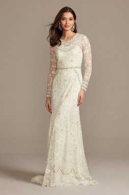 Illusion Long Sleeve Beaded Overlay Wedding Dress MS251222