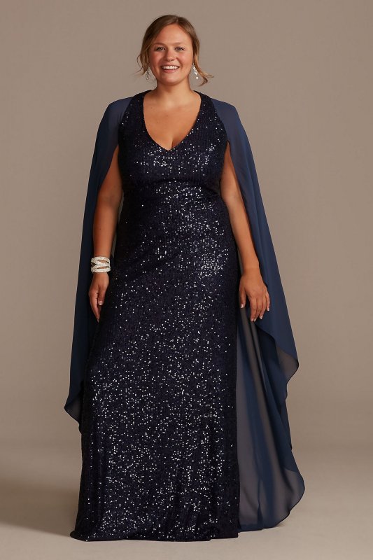 Allover Sequin Plus Size Gown with Chiffon Capelet WBM2189W