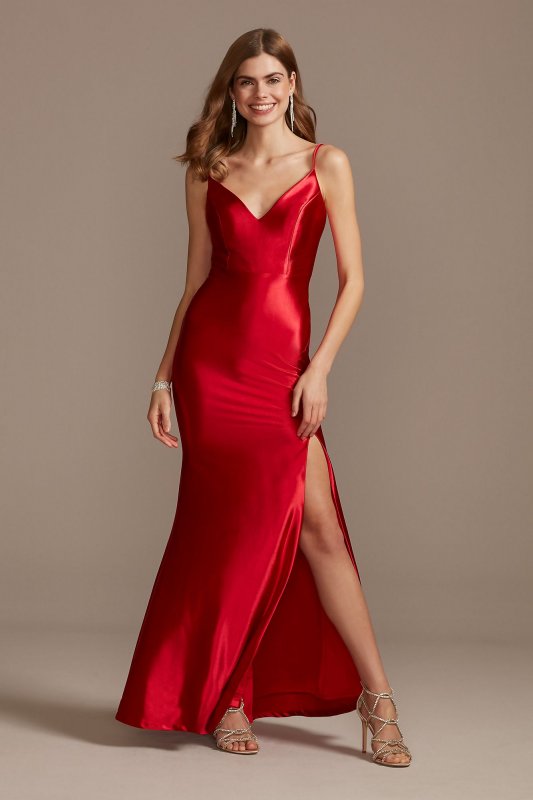 Shining Satin V-Neck Spaghetti Strap Slip Dress 11459