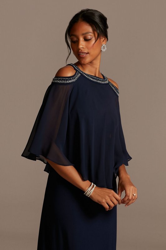 Embellished Cold Shoulder Chiffon Capelet Dress 1351319