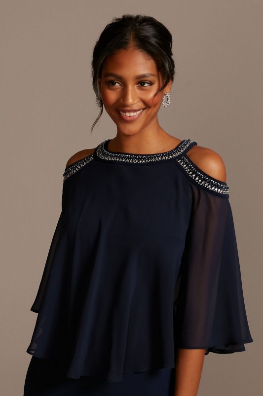 Embellished Cold Shoulder Chiffon Capelet Dress 1351319