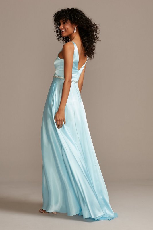 V-Neck Satin Split Skirt Gown with Crystal Belt 1990BN