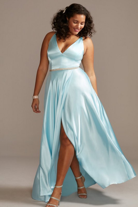 V-Neck Satin Split Skirt Plus Size Gown with Belt 1990BNW