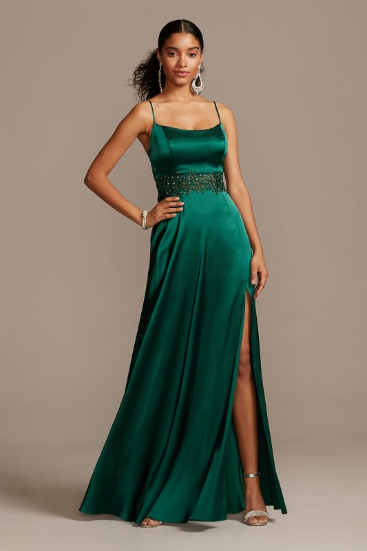 Crystal Illusion Waist Spaghetti Strap Satin Gown 2622GK8B