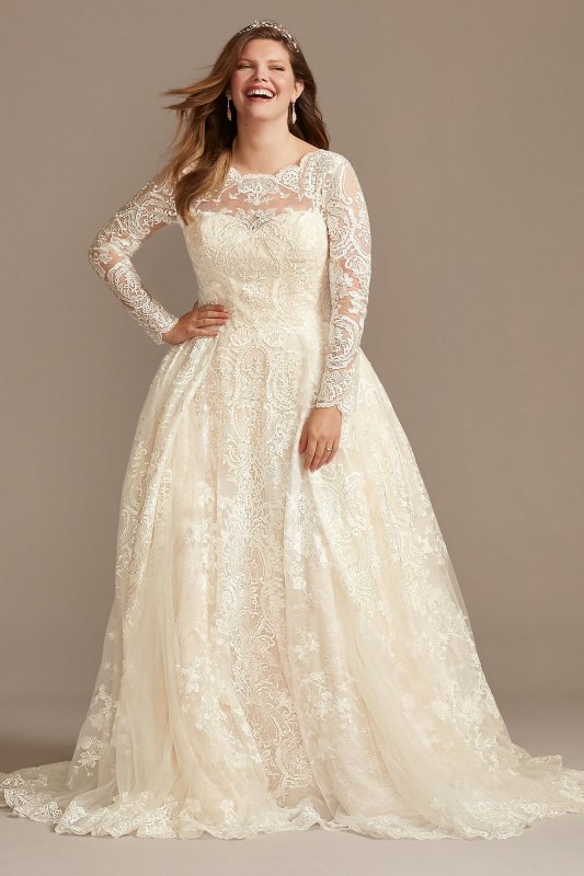 Long Sleeve Beaded Lace Plus Size Wedding Dress 8SLCWG780