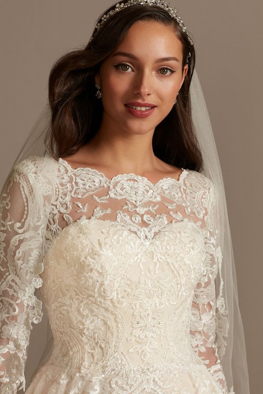 Long Sleeve Beaded Lace Folded Skirt Wedding Dress SLCWG780