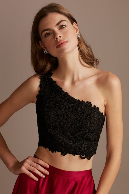 Asymmetric Lace Crop Top and Satin Split Skirt Set WBM1795RW