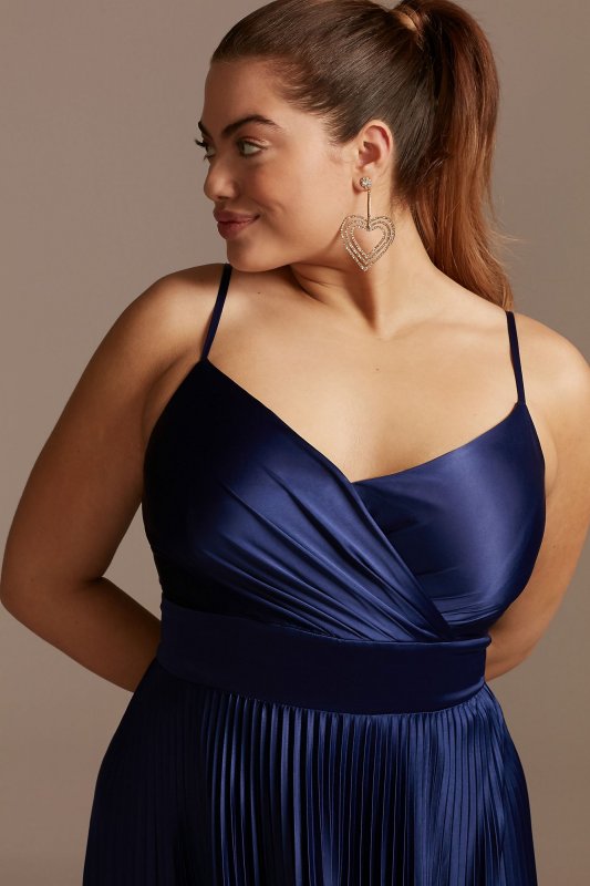 Accordion Pleated Satin Spaghetti Plus Size Gown WBM2066W