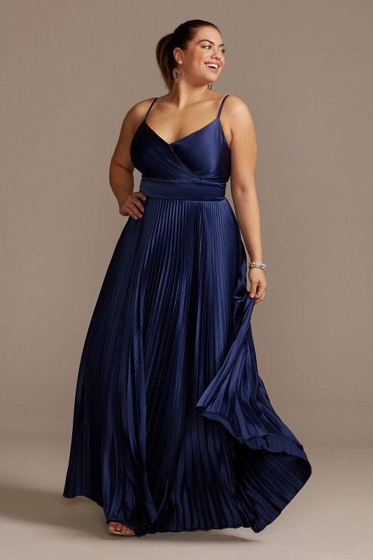 Accordion Pleated Satin Spaghetti Plus Size Gown WBM2066W