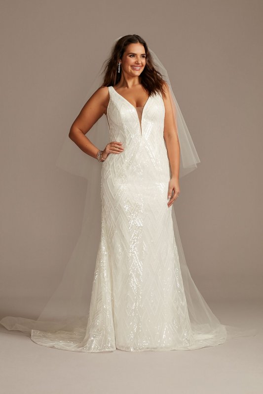 Beaded Illusion Plunge Plus Size Wedding Dress 9SWG873