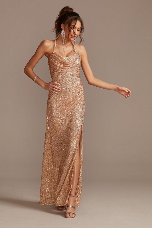 Metallic Cowl Neck Slip Dress with Ruching 21936