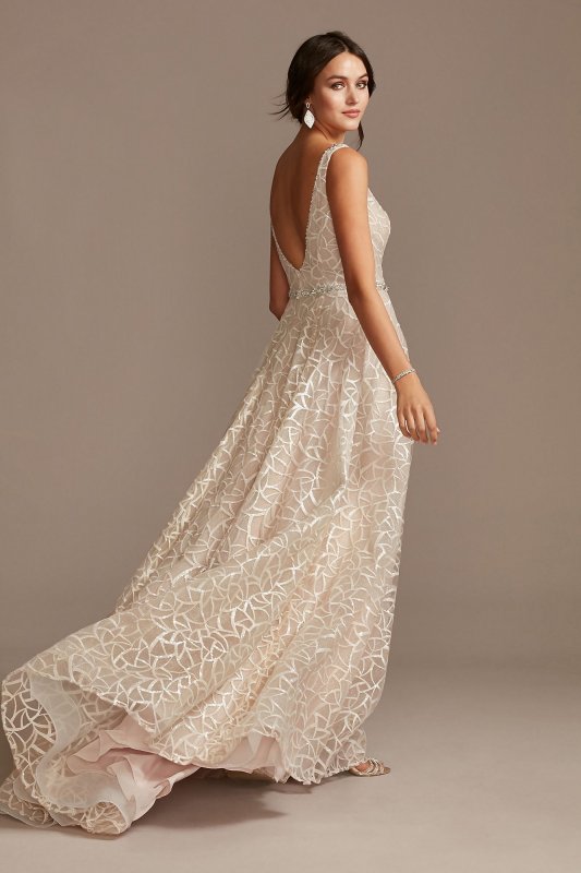 Geometric Sequin Plunge Petite Wedding Dress 7SWG863