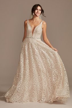 Geometric Sequin Plunge Petite Wedding Dress 7SWG863