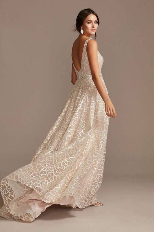 Geometric Sequin Illusion Plunge Wedding Dress SWG863