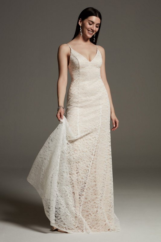 V-Neck Floral Lace Slip Wedding Dress VW351643