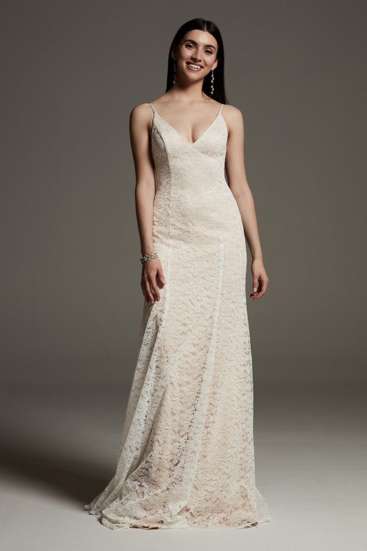 V-Neck Floral Lace Slip Wedding Dress VW351643