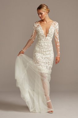 Large Floral Lace Long Sleeve Petite Wedding Dress 7MS161225