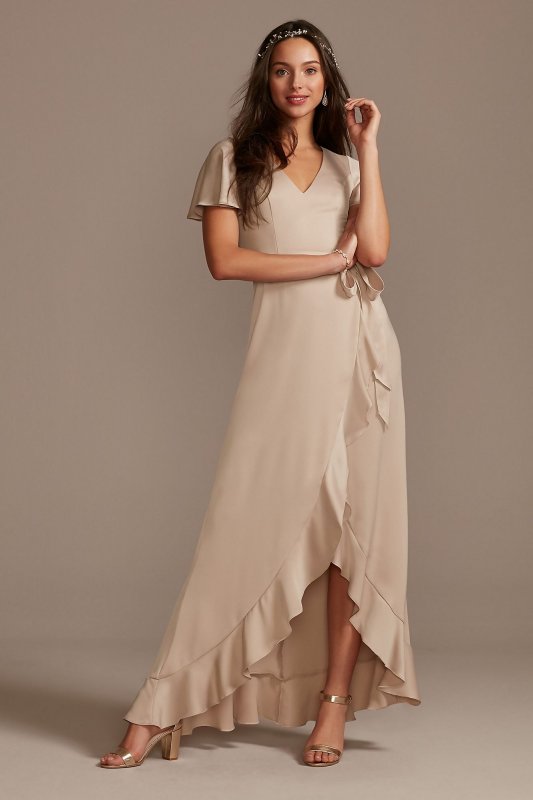 Flutter Sleeve Crepe Satin Ruffle Bridesmaid Dress F20209