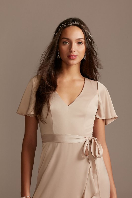 Flutter Sleeve Crepe Satin Ruffle Bridesmaid Dress F20209