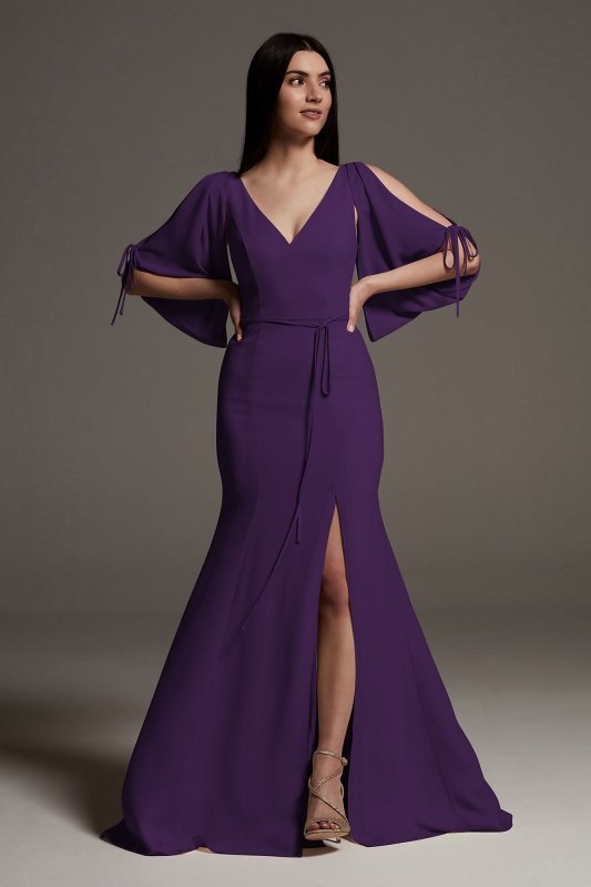 Split Sleeve Crepe Bridesmaid Dress with Slit VW360541