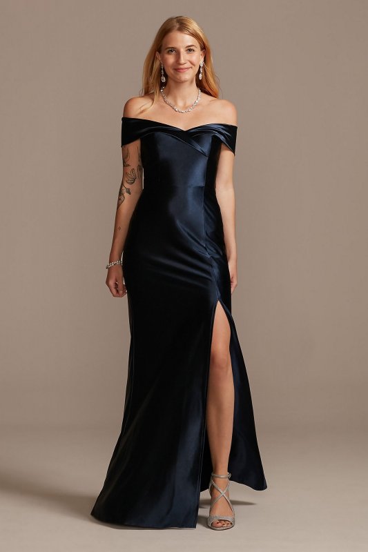 Stretch Satin Off the Shoulder Dress with Slit WBM2139