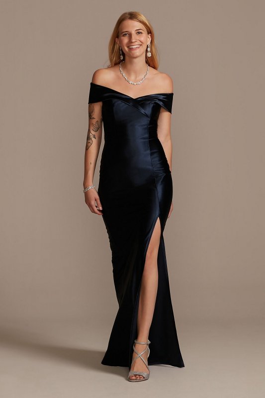 Stretch Satin Off the Shoulder Dress with Slit WBM2139