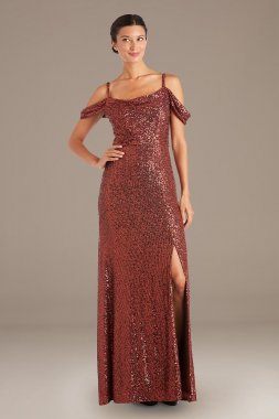 Swag Sleeve Allover Linear Sequin Gown 21982