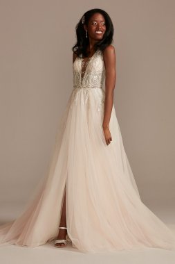 Beaded Applique Plunge Tall Slit Wedding Dress 4XLSWG914
