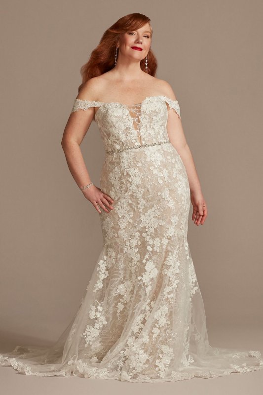 Embellished Lace Swag Sleeve Plus Wedding Dress 9LSSWG899