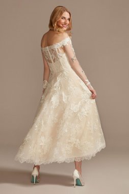 Off Shoulder Applique Tea-Length Wedding Dress CWG902