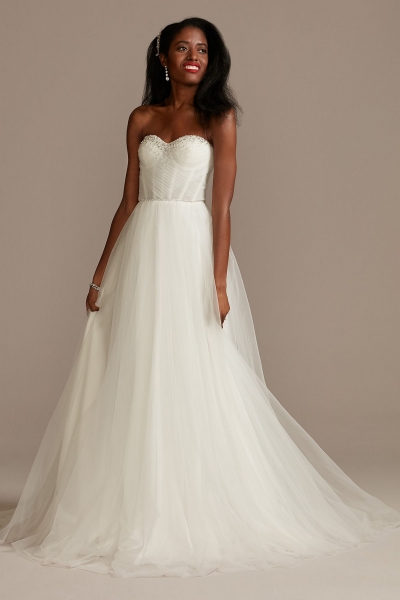Pleated Bodice Tulle Strapless Wedding Dress WG4039