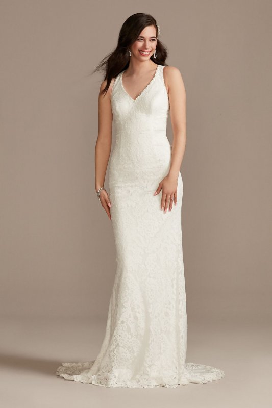Scalloped Stretch Lace Halter Sheath Wedding Dress WG4047