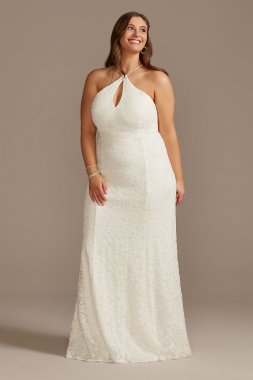 Halter Keyhole Lace Plus Dress with Lace-Up Back 650711W