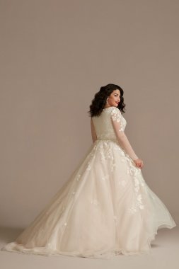 Long Sleeve Tall Plus Sequin Floral Wedding Dress 4XL9SLSWG843