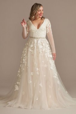 Illusion Long Sleeve Plunge Tall Wedding Dress 4XLLBSWG820