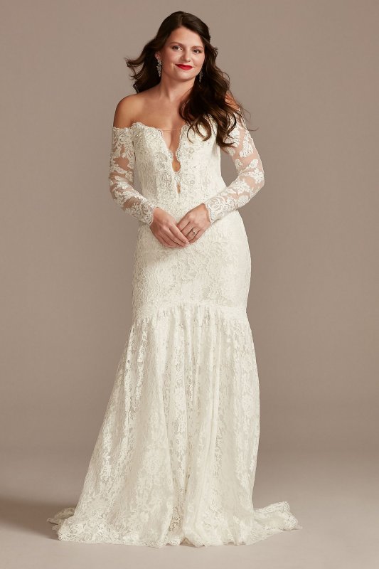 Long Sleeve Plunging Tall Lace Wedding Dress 4XLSLSWG855