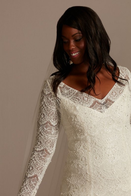 Beaded Lace Long Sleeve Plus Size Wedding Dress 8SLMS251206