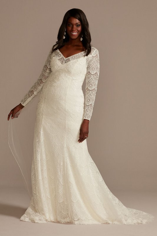 Beaded Lace Long Sleeve Plus Size Wedding Dress 8SLMS251206