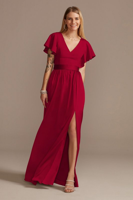 Flutter Sleeve V-Neck Charmeuse Bridesmaid Dress Bridal F20347