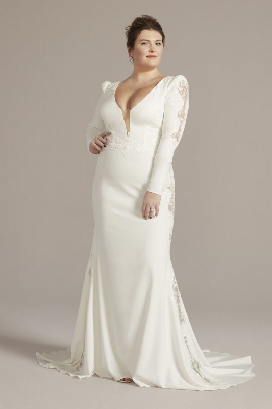 Long Sleeve Crepe Mermaid Plus Size Wedding Gown 9SWG919