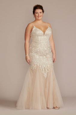 Plunging V-Neck Godet Skirt Plus Size Wedding Gown 9WG4064